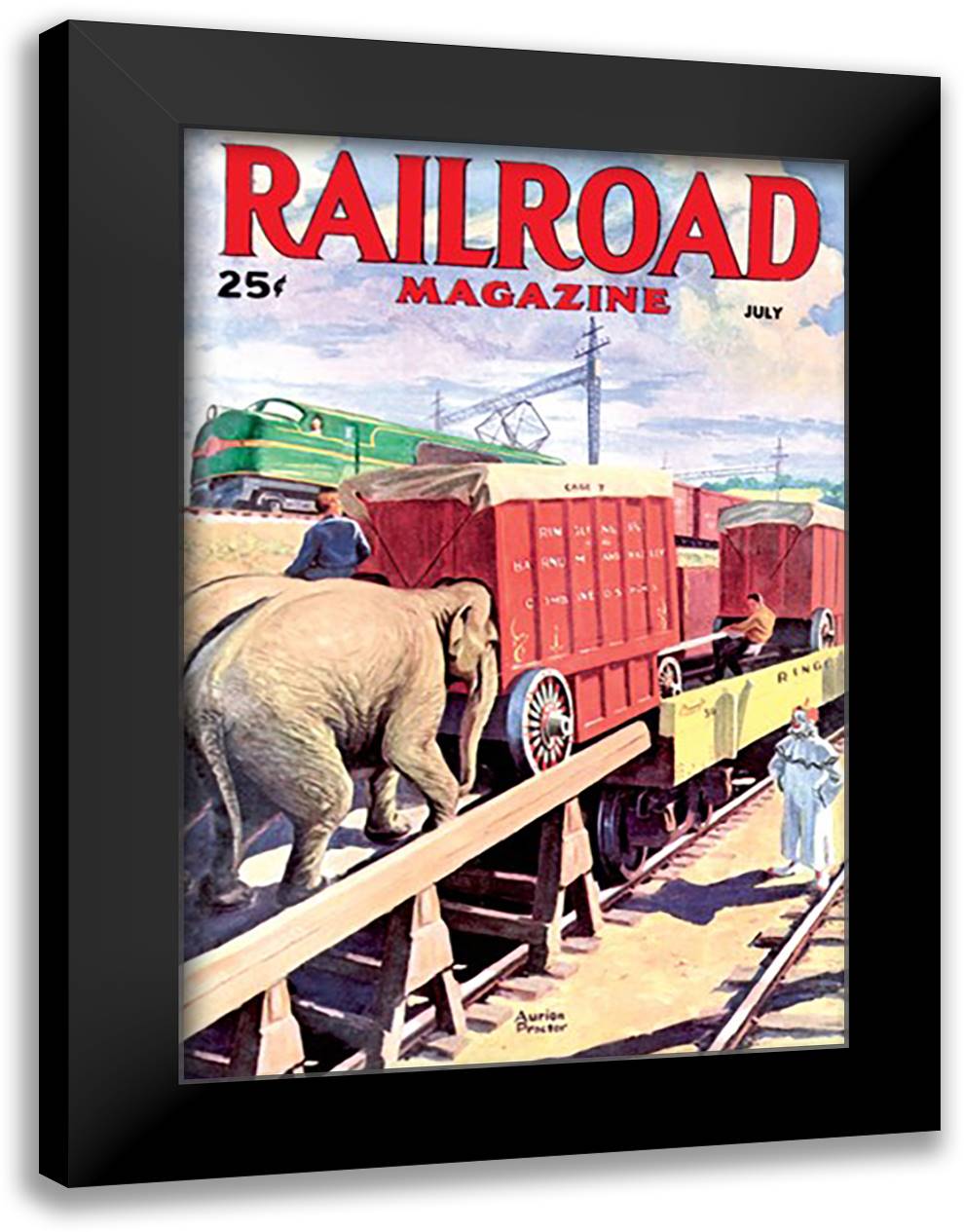 Railroad Magazine: The Circus on the Tracks, 1946 16x22 Black Modern Wood Framed Art Print Poster