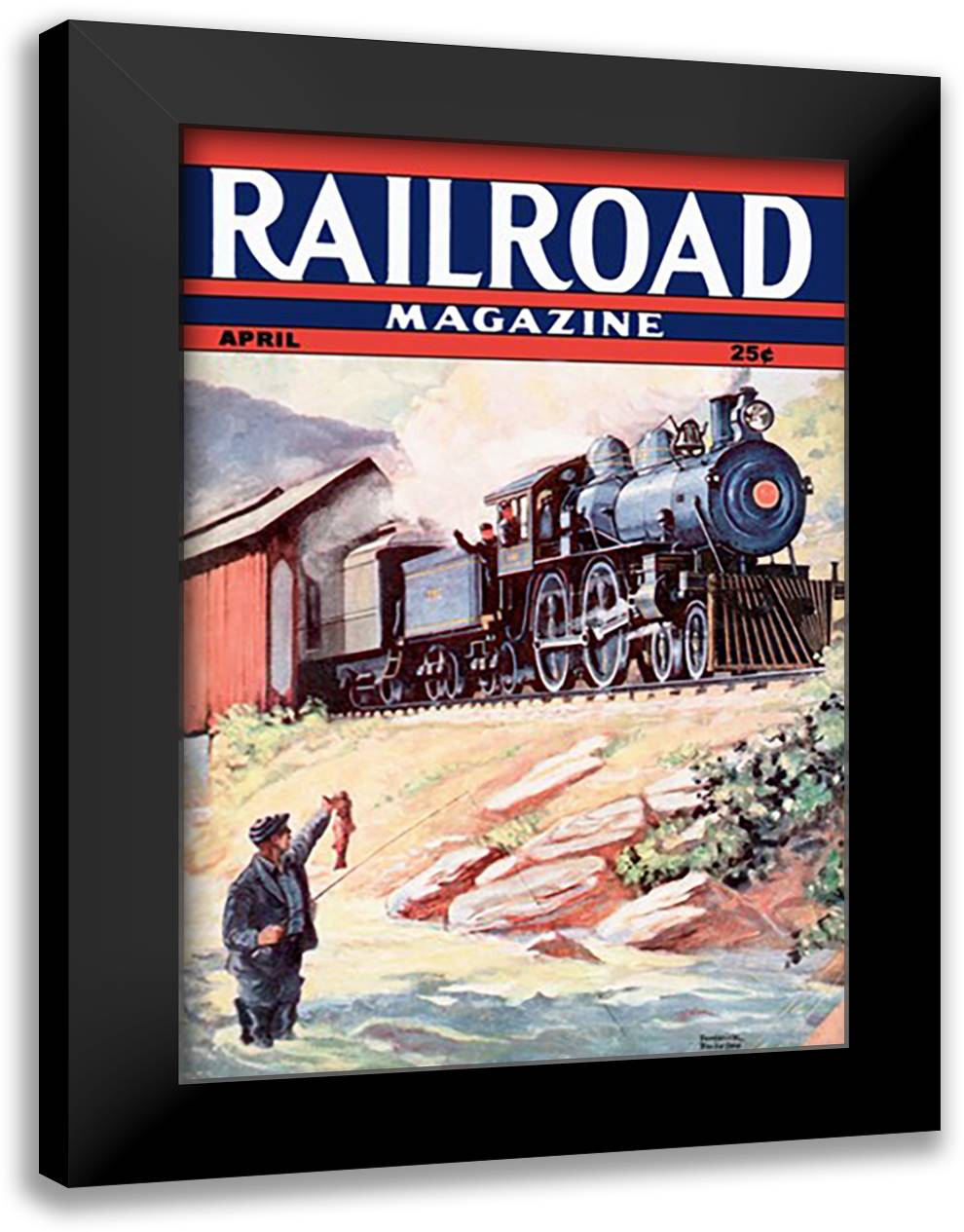 Railroad Magazine: Fisherman and Engineers, 1943 16x22 Black Modern Wood Framed Art Print Poster