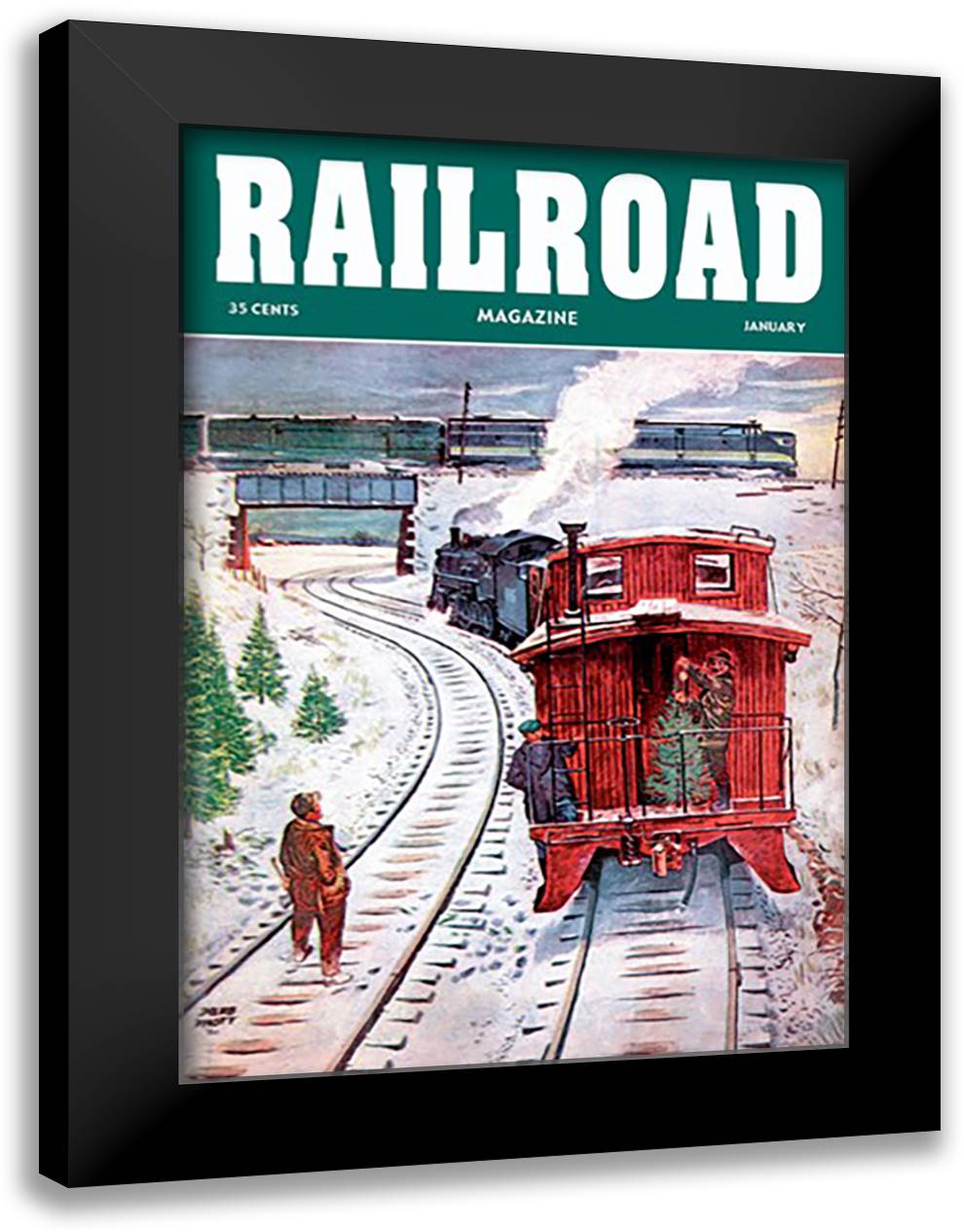 Railroad Magazine: December Trains, 1951 16x22 Black Modern Wood Framed Art Print Poster