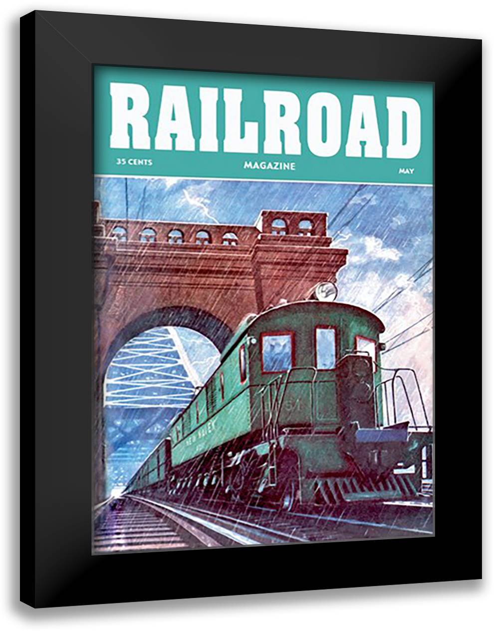 Railroad Magazine: Through the Storm, 1949 16x22 Black Modern Wood Framed Art Print Poster