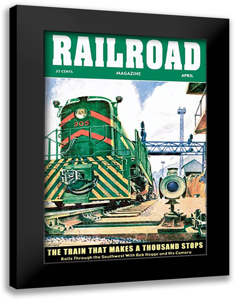 Railroad Magazine: The Train That Makes a Thousand Stops, 1954 16x22 Black Modern Wood Framed Art Print Poster