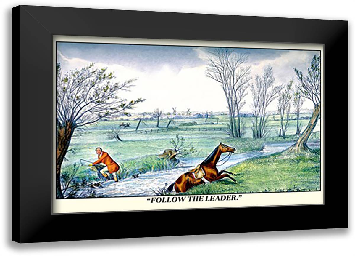 Horse and Rider Climb out of the Stream on Different Sides 22x16 Black Modern Wood Framed Art Print Poster by Alken, Henry Thomas