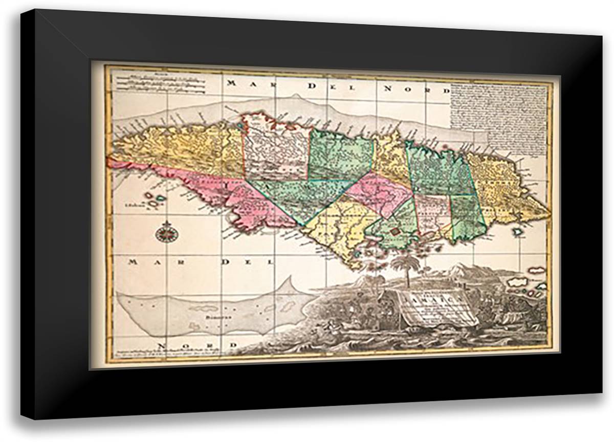 Nova Designatio Insulae Jamaicae 22x16 Black Modern Wood Framed Art Print Poster by Seutter, Matthaus