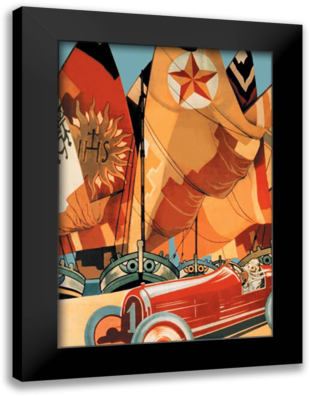 Sailboat and Automobile 16x22 Black Modern Wood Framed Art Print Poster by Fiorucci, Vittorio