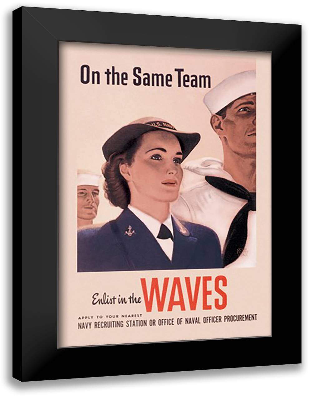 On the Same Team: Enlist in the Waves 16x22 Black Modern Wood Framed Art Print Poster