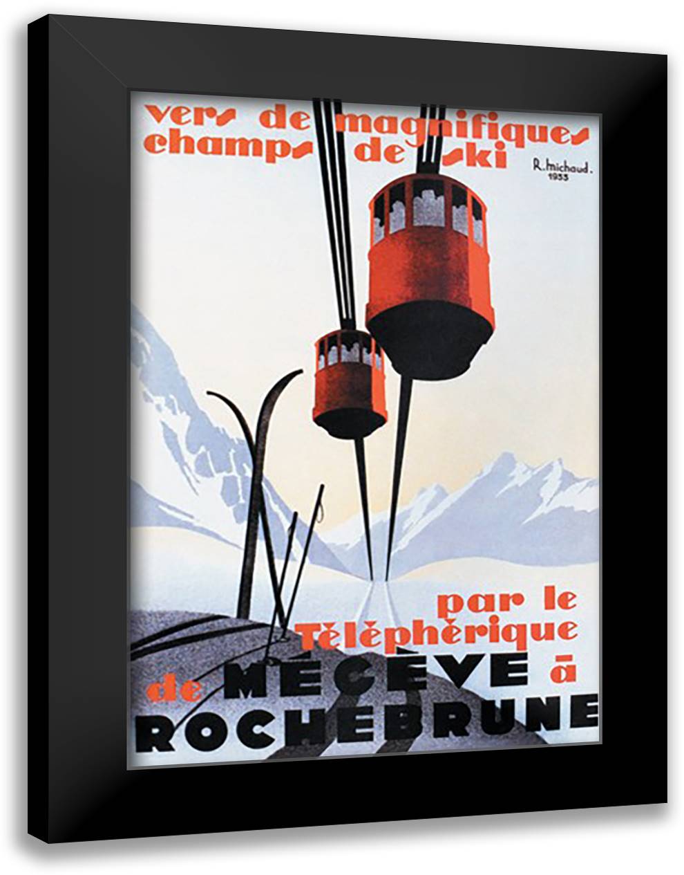 Skiing and Tram 16x22 Black Modern Wood Framed Art Print Poster by Ordner, Paul