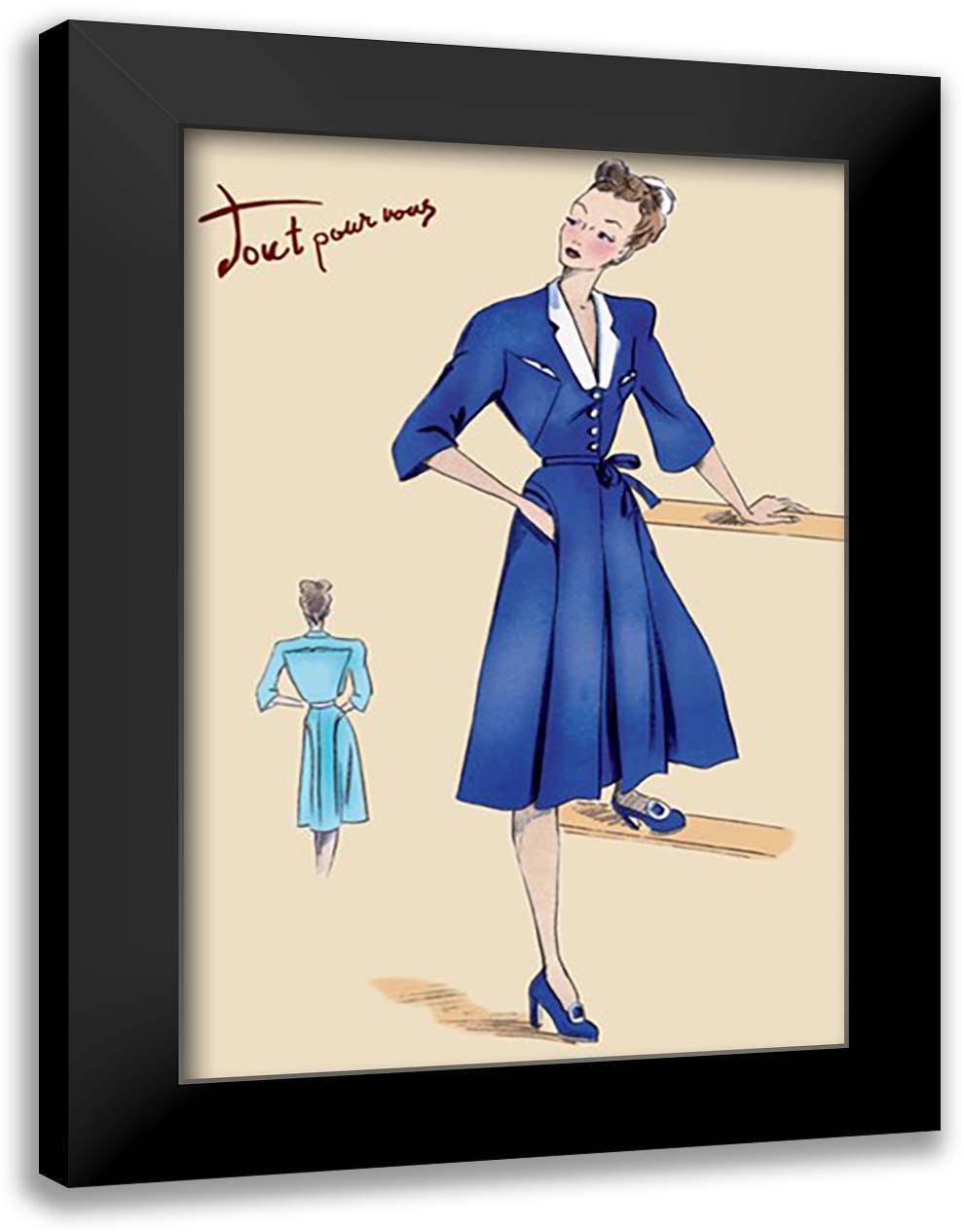 Blue Daytime Dress with Collar and Belt 16x22 Black Modern Wood Framed Art Print Poster