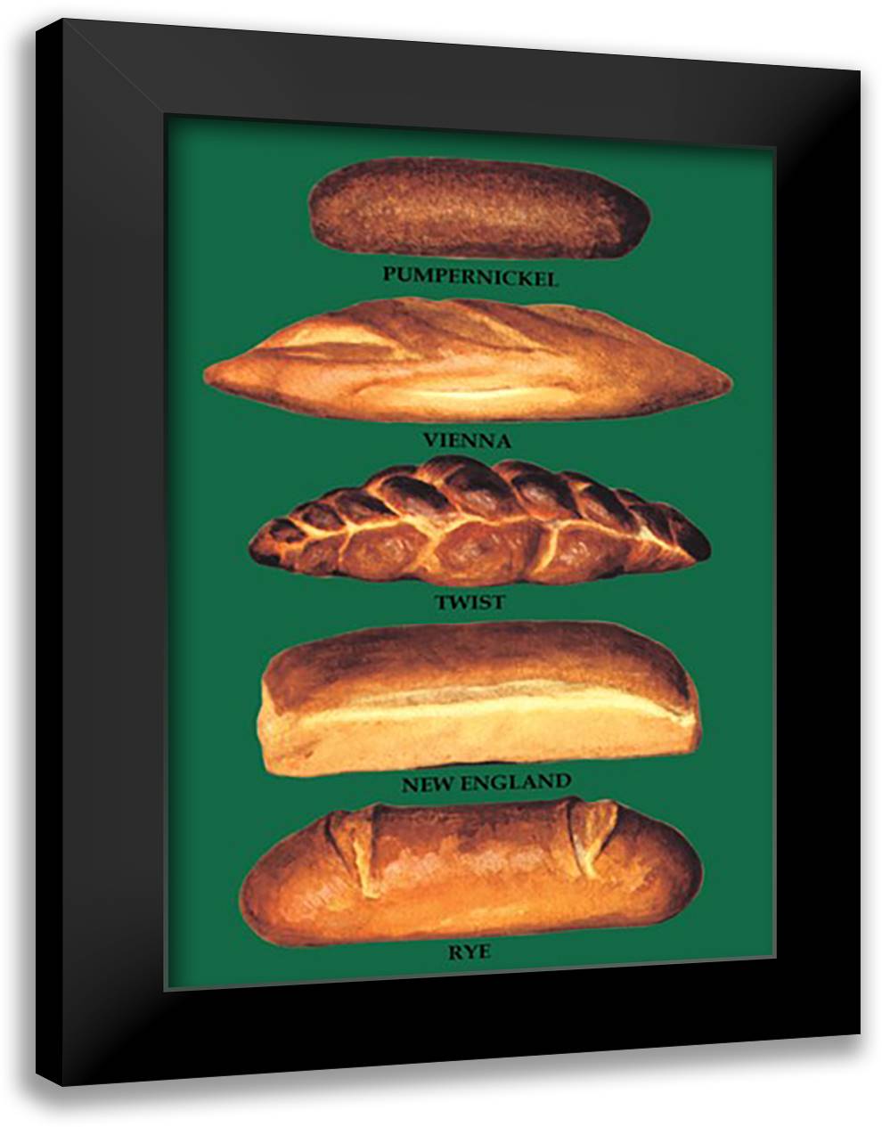 Pumpernickel, Vienna, Twist, New England, and Rye Breads 16x22 Black Modern Wood Framed Art Print Poster