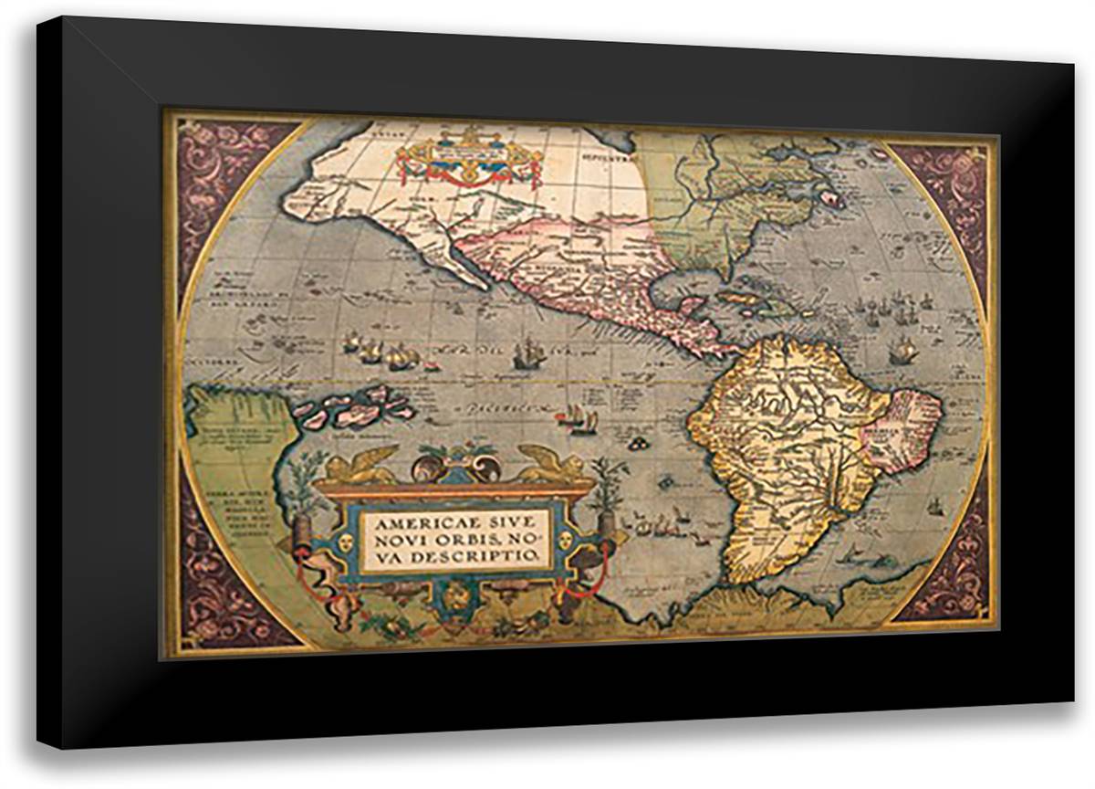 Map of The Americas 22x16 Black Modern Wood Framed Art Print Poster by Ortelius, Abraham
