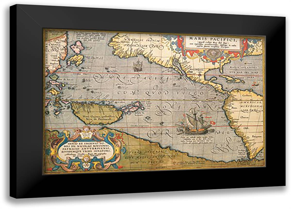 Map of the Pacific Ocean 22x16 Black Modern Wood Framed Art Print Poster by Ortelius, Abraham