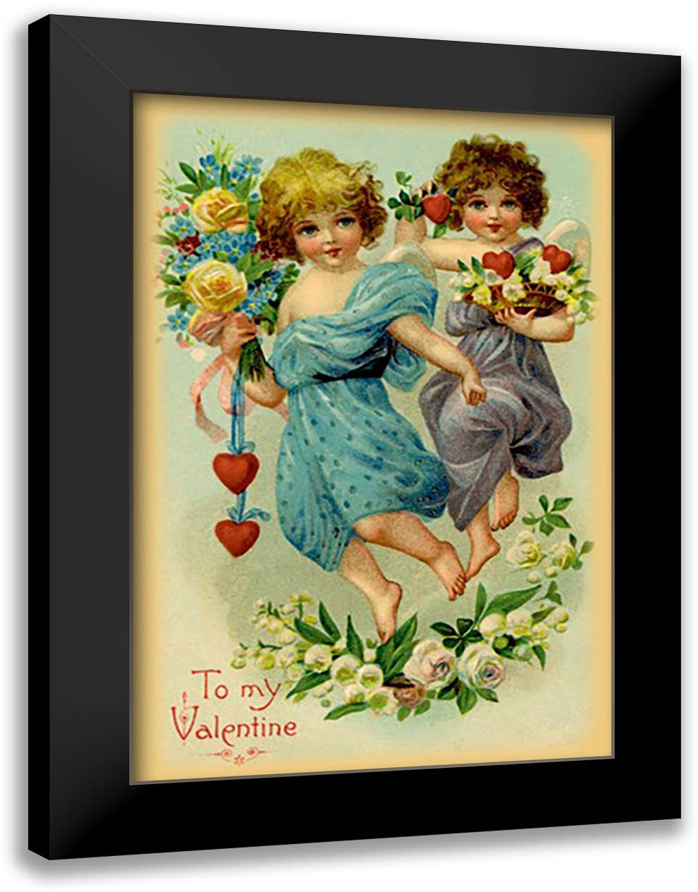 Two Angel Girls With Flowers 16x22 Black Modern Wood Framed Art Print Poster