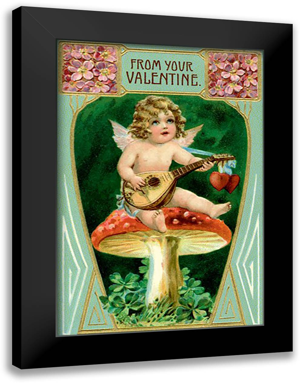 Angel With Mandolin and Mushrooms 16x22 Black Modern Wood Framed Art Print Poster