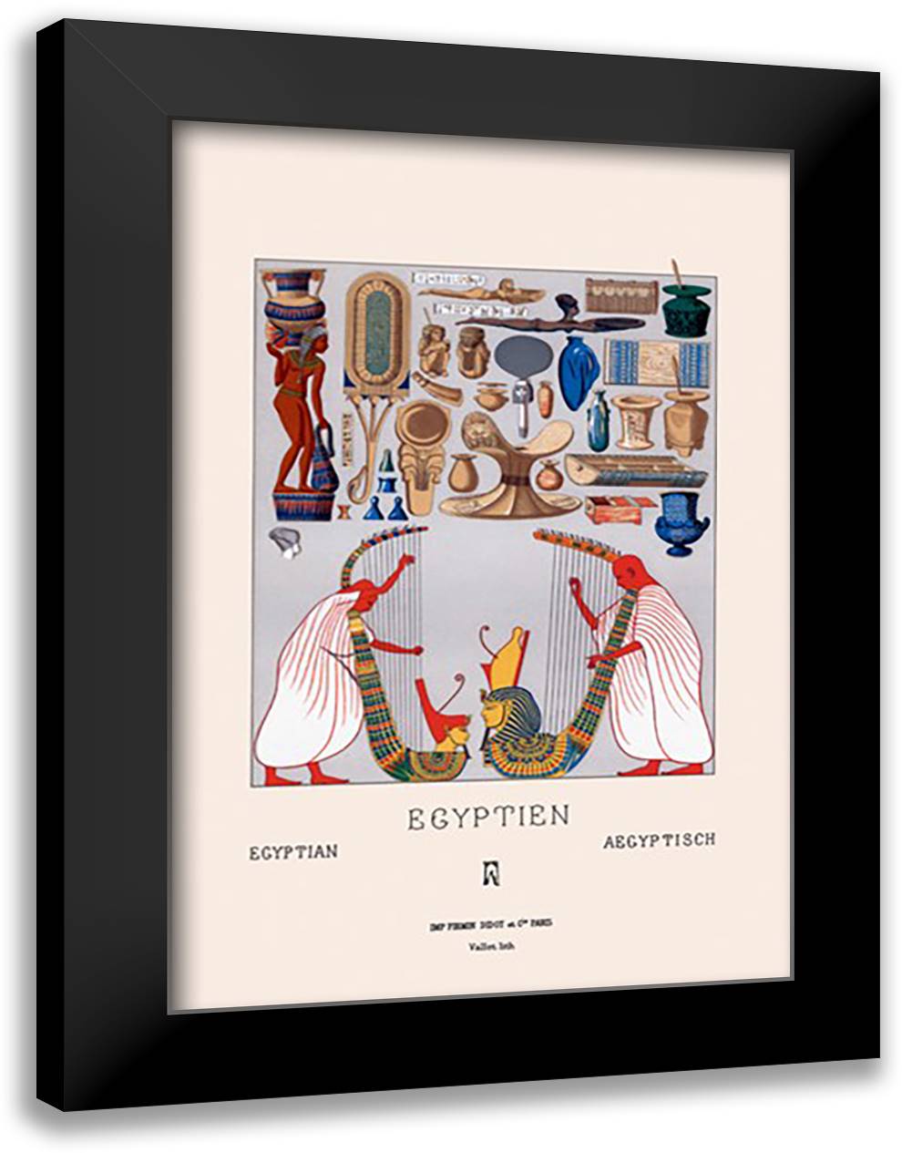 Egyptian Domestic Utensils and Two Large Harps 16x22 Black Modern Wood Framed Art Print Poster by Racinet, Auguste