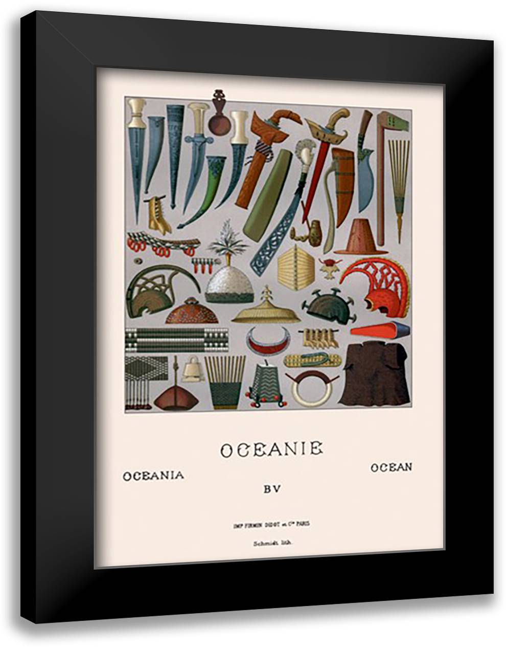 War Gear of Oceania 16x22 Black Modern Wood Framed Art Print Poster by Racinet, Auguste