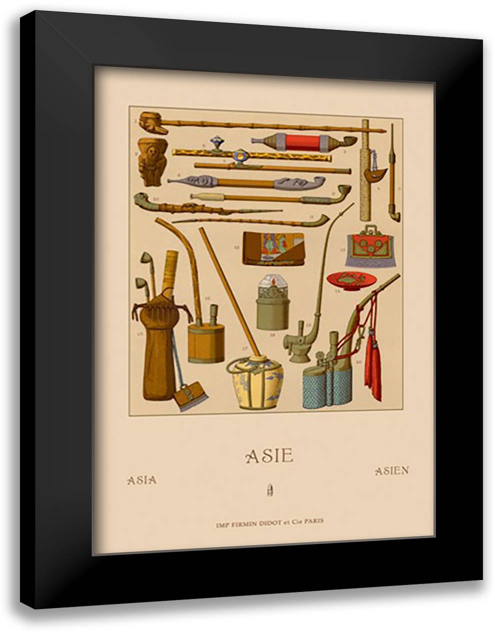 Asian Pipes 16x22 Black Modern Wood Framed Art Print Poster by Racinet, Auguste