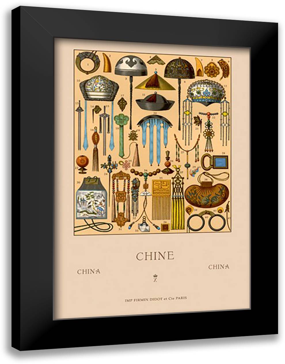 Chinese Ornaments and Talismans 16x22 Black Modern Wood Framed Art Print Poster by Racinet, Auguste