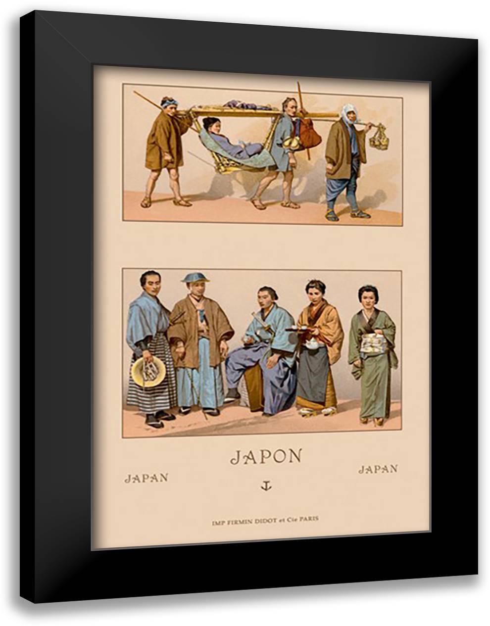 Japanese Civil Costumes and Transportation 16x22 Black Modern Wood Framed Art Print Poster by Racinet, Auguste