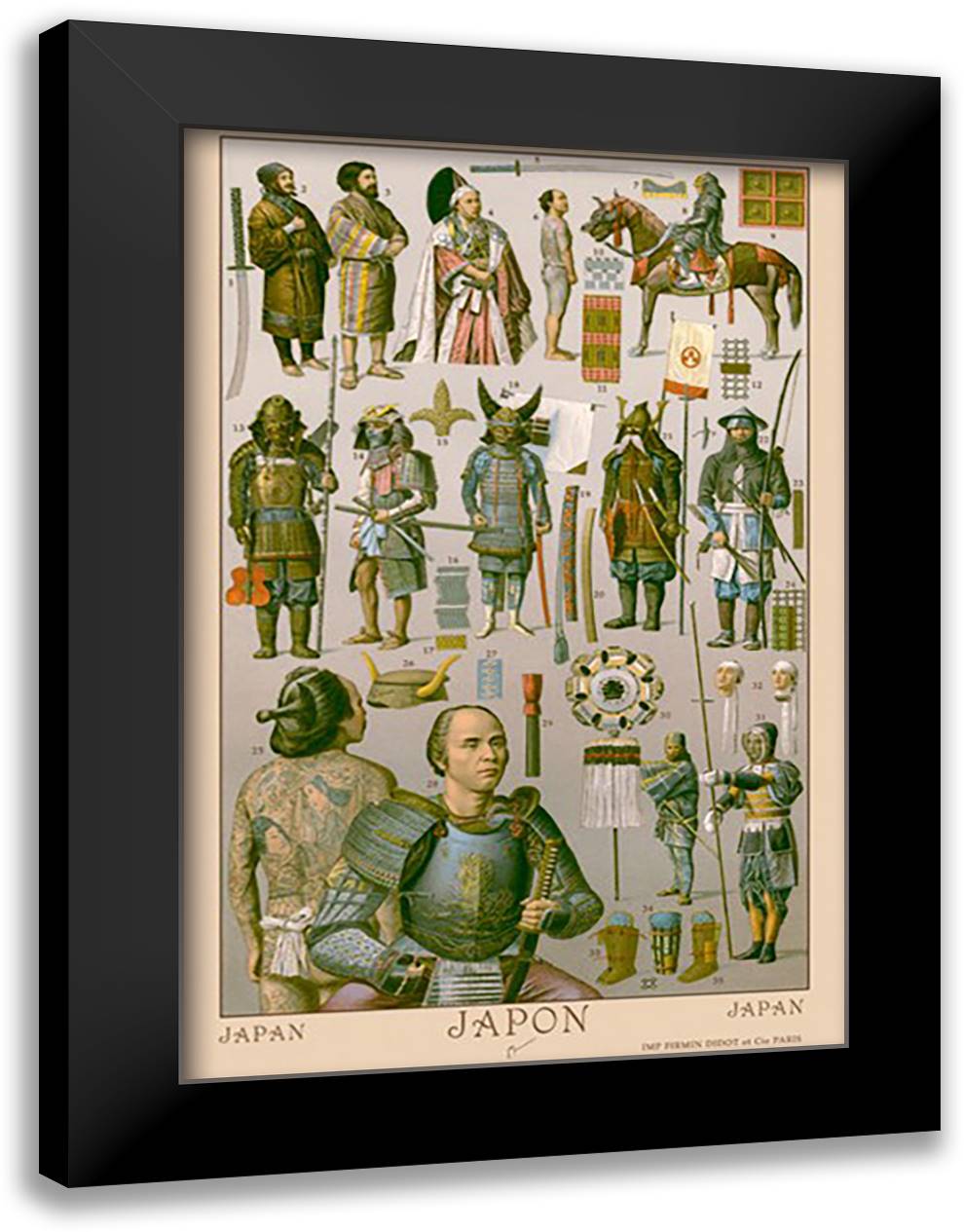 Japan - Ainos Military Costume 16x22 Black Modern Wood Framed Art Print Poster by Racinet, Auguste