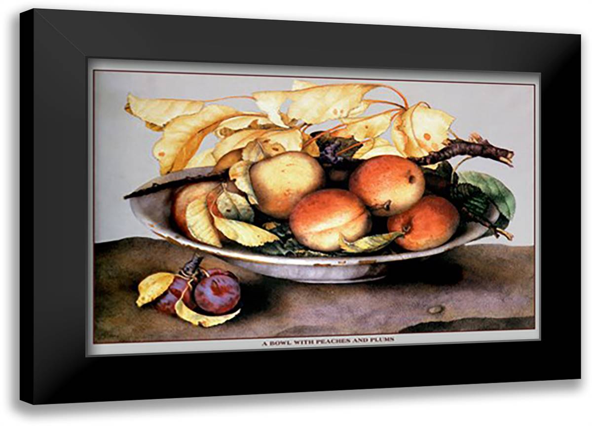 Bowl with Peaches and Plums 22x16 Black Modern Wood Framed Art Print Poster by Garzoni, Giovanni