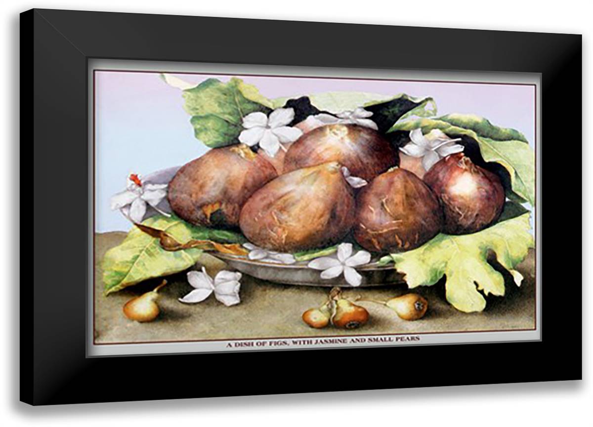 Dish of Figs with Jasmine and Small Pears 22x16 Black Modern Wood Framed Art Print Poster by Garzoni, Giovanni