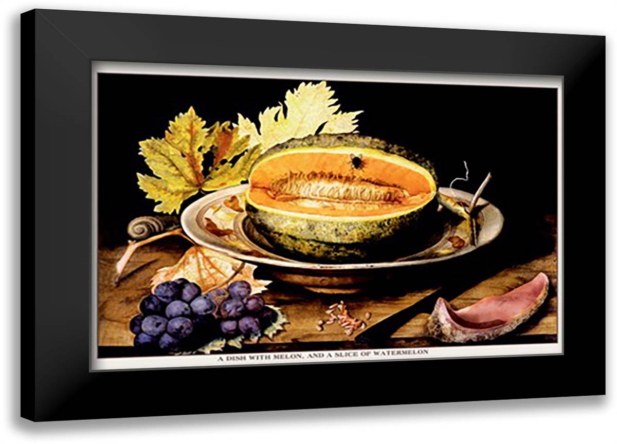 Dish with Melons and a Slice of Watermelon 22x16 Black Modern Wood Framed Art Print Poster by Garzoni, Giovanni