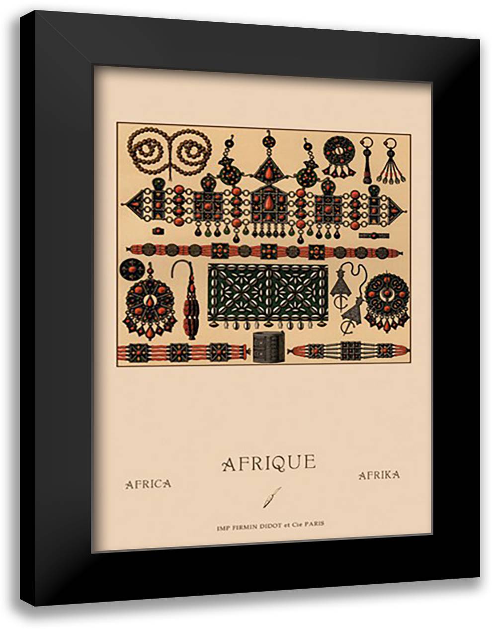 African Metalwork and Beading 16x22 Black Modern Wood Framed Art Print Poster by Racinet, Auguste