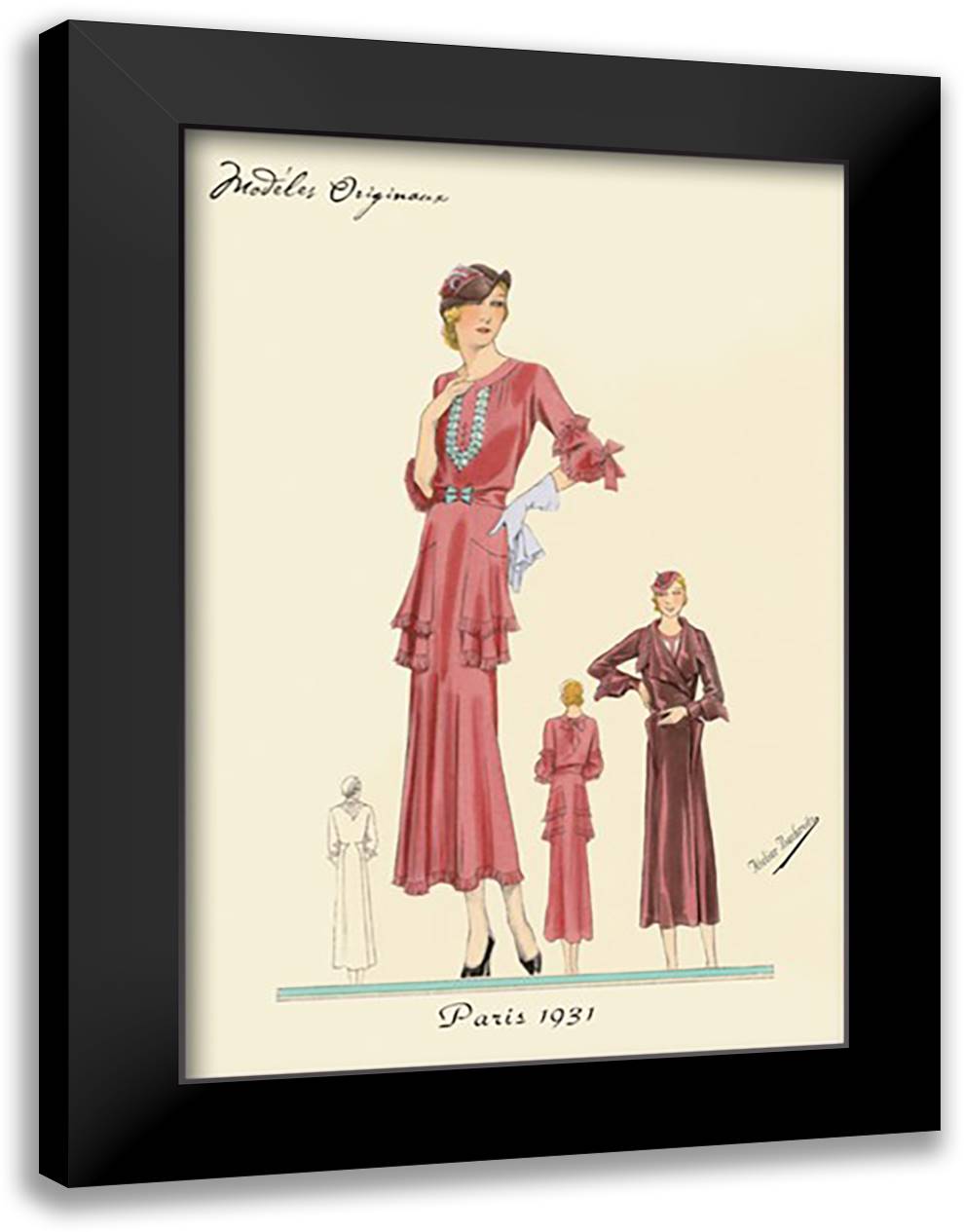 Pink Daytime Dress and Overcoat 16x22 Black Modern Wood Framed Art Print Poster by Bachrvitz, Atelier