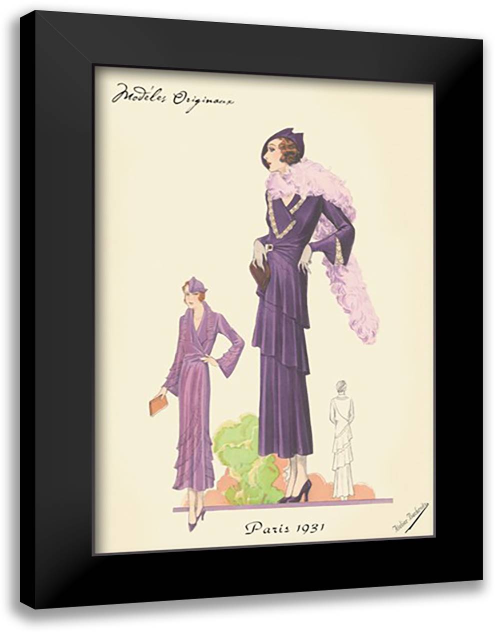 Modern Violet Dress with Boa 16x22 Black Modern Wood Framed Art Print Poster by Bachrvitz, Atelier