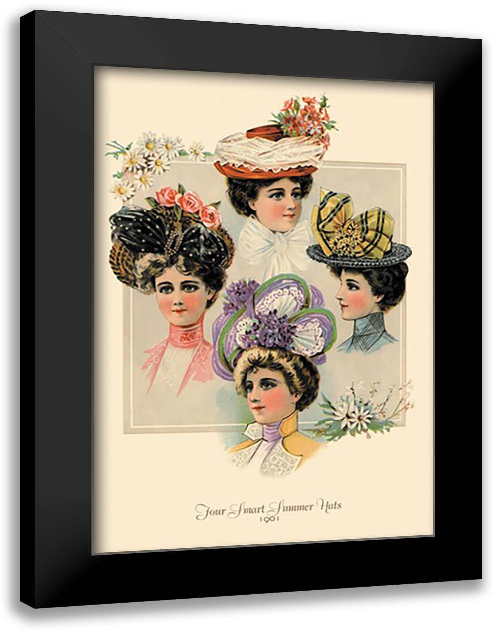 Four Smart Summer Hats 16x22 Black Modern Wood Framed Art Print Poster