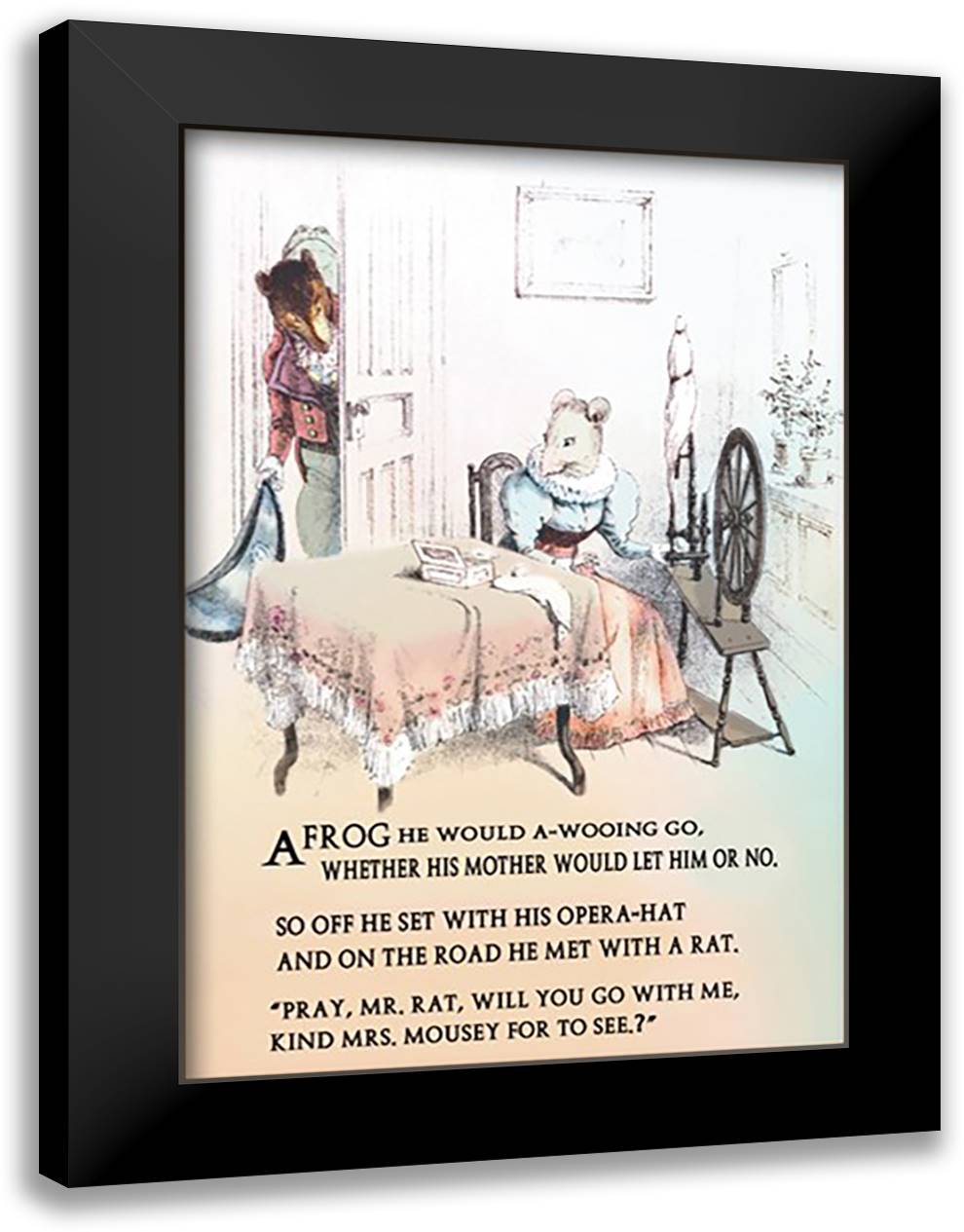 Mrs. Mouse Spinning Wool 16x22 Black Modern Wood Framed Art Print Poster