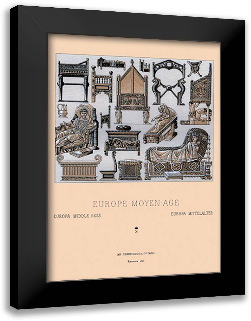 Medieval Furniture Styles 16x22 Black Modern Wood Framed Art Print Poster by Racinet, Auguste