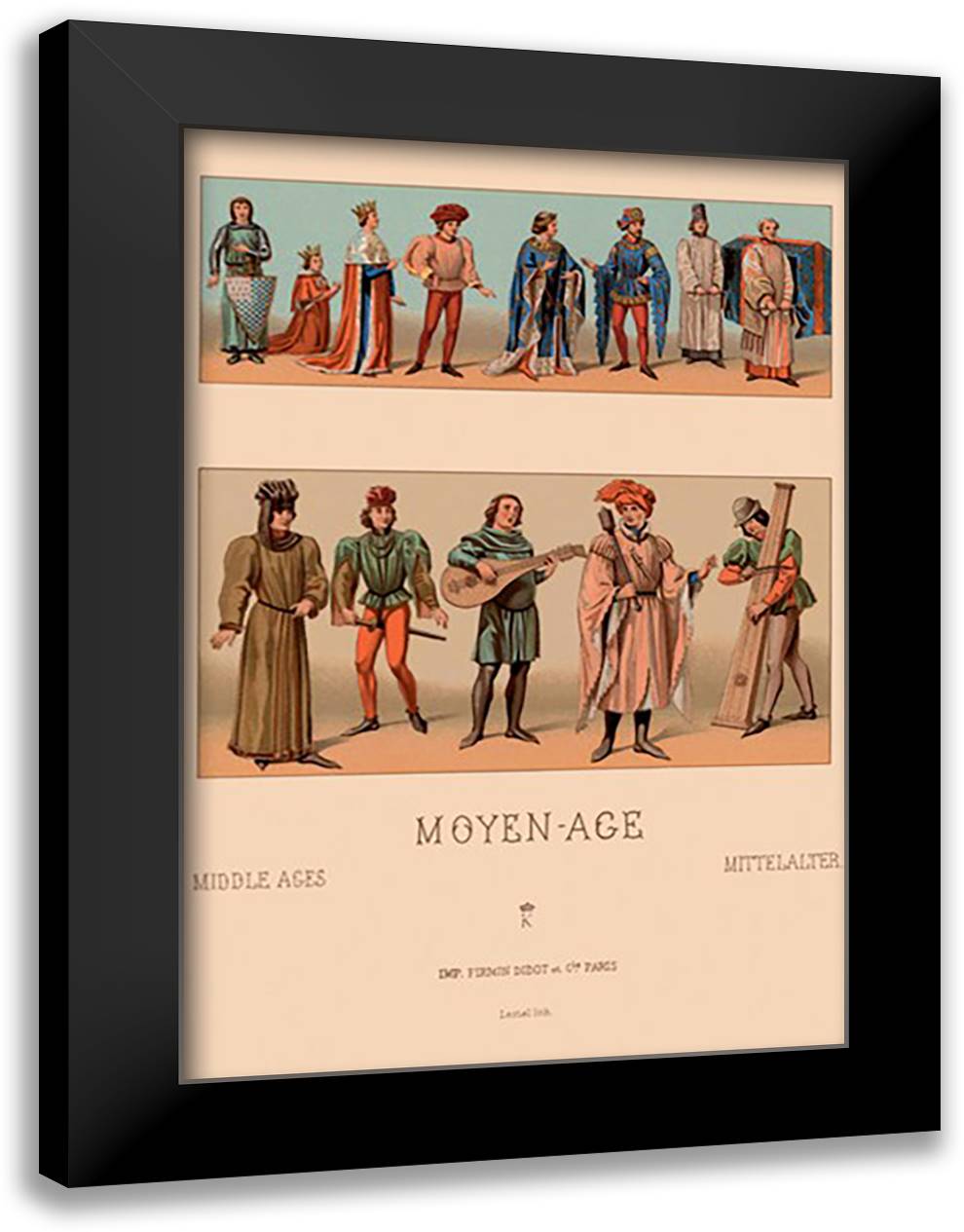 Historical Figures, Civil Costumes, and Military Garb of Medieval France 16x22 Black Modern Wood Framed Art Print Poster by Racinet, Auguste