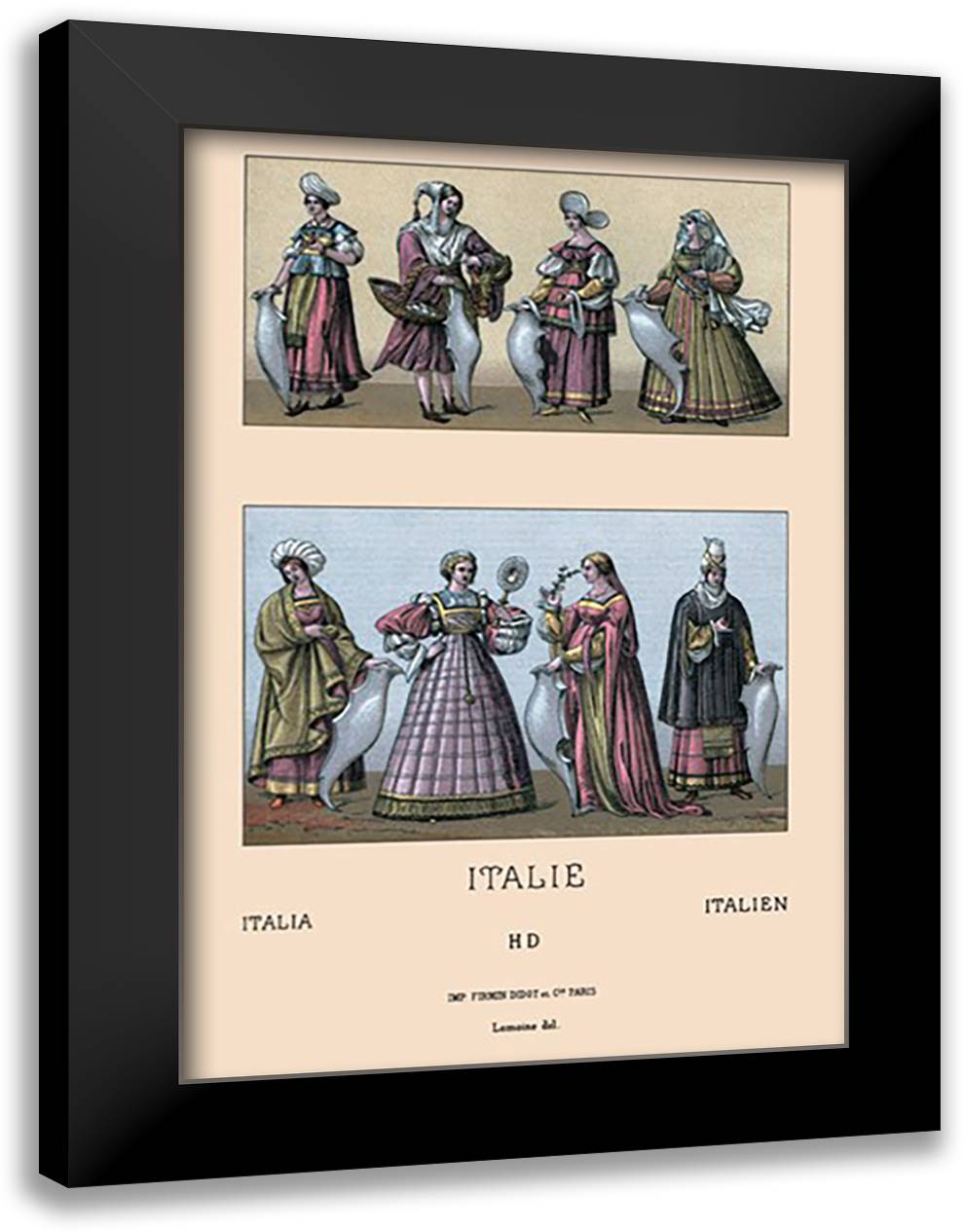 Traditional Italian Dresses 16x22 Black Modern Wood Framed Art Print Poster by Racinet, Auguste
