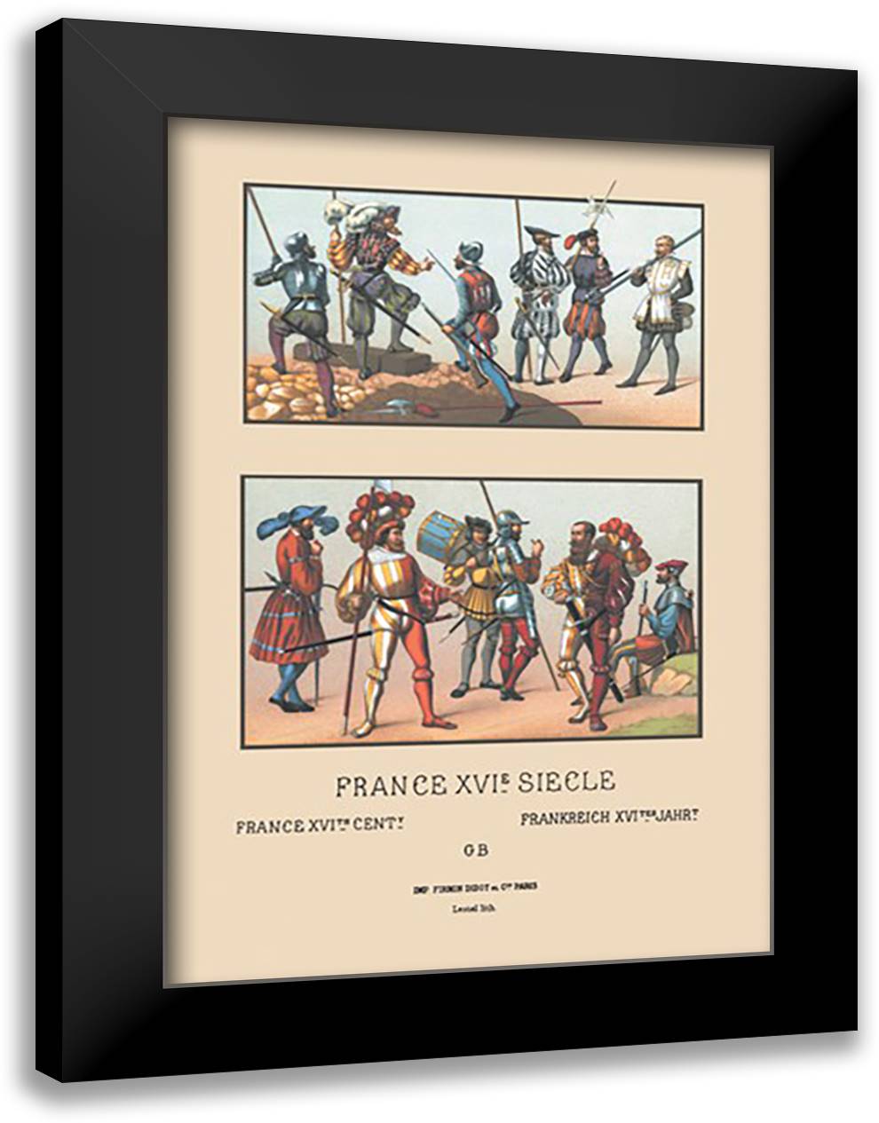 French Military Costumes, 1520-1555 16x22 Black Modern Wood Framed Art Print Poster by Racinet, Auguste