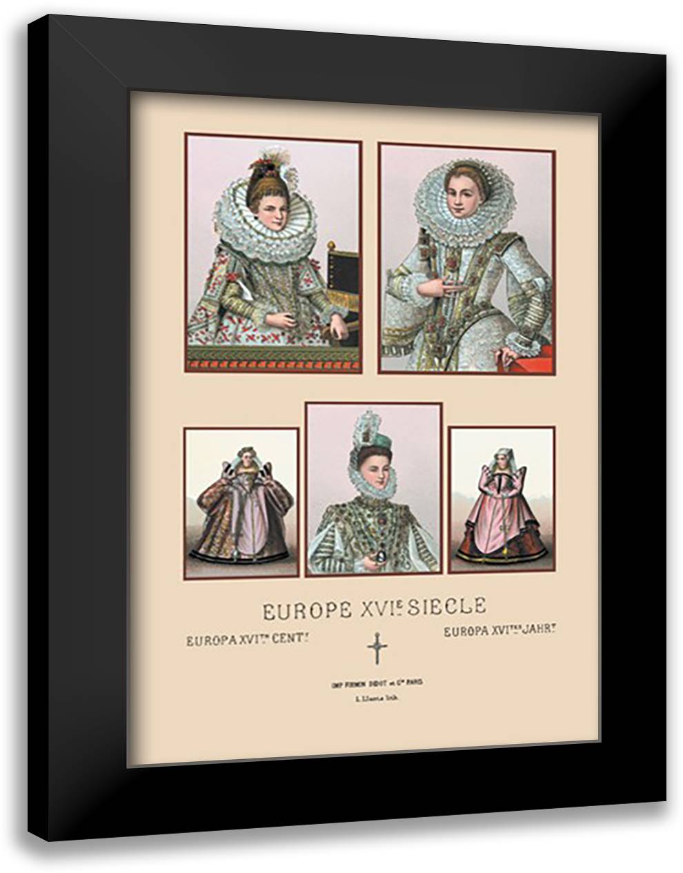 Feminine Fashions of the European Aristocracy, Sixteenth Century #1 16x22 Black Modern Wood Framed Art Print Poster by Racinet, Auguste