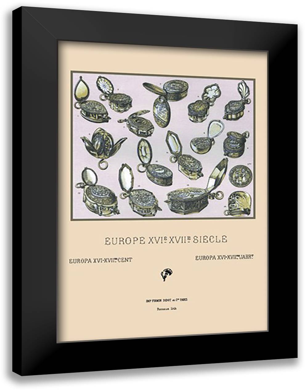Assortment of Ornate European Watches and Trinkets 16x22 Black Modern Wood Framed Art Print Poster by Racinet, Auguste