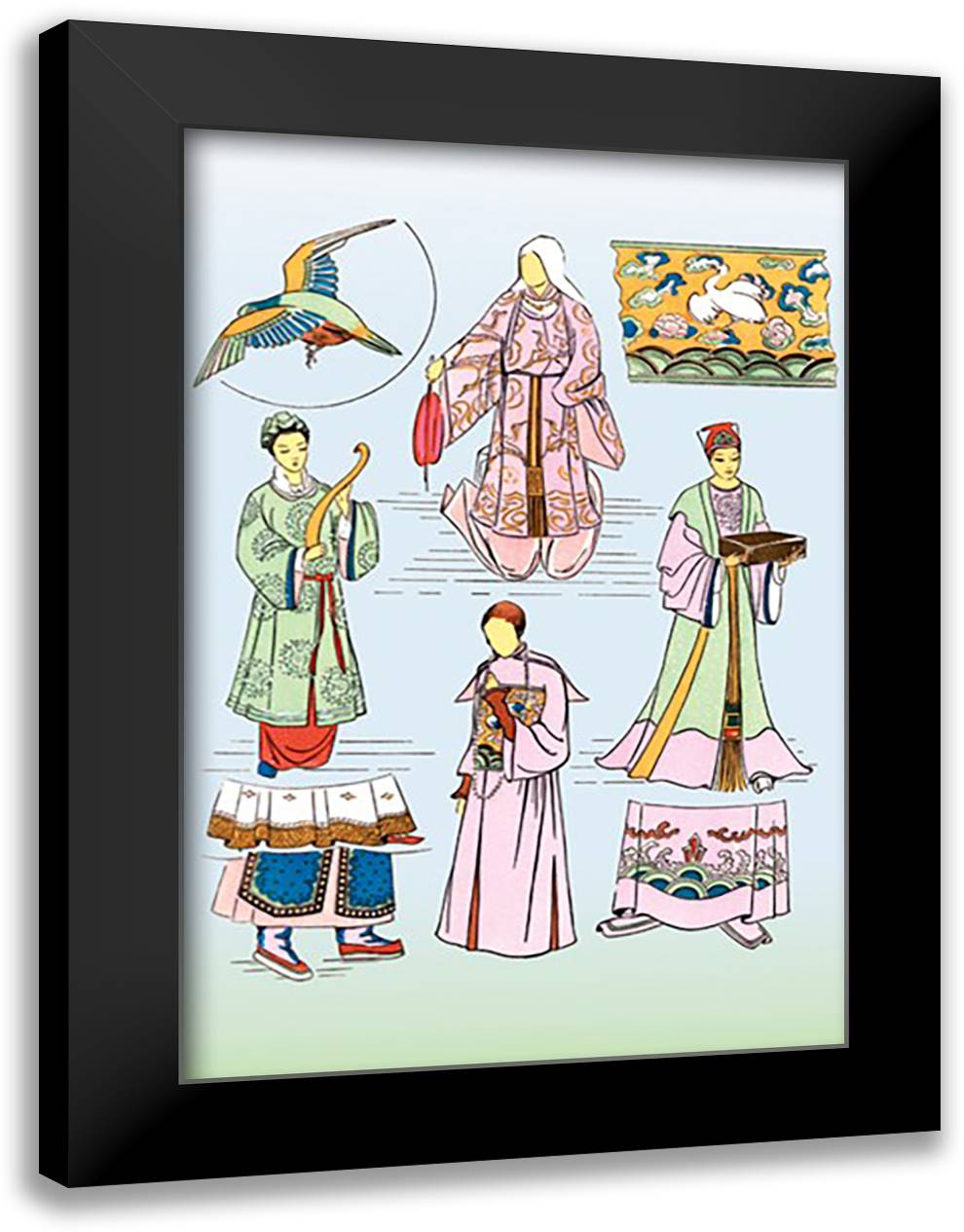 Chinese Embroidery 16x22 Black Modern Wood Framed Art Print Poster