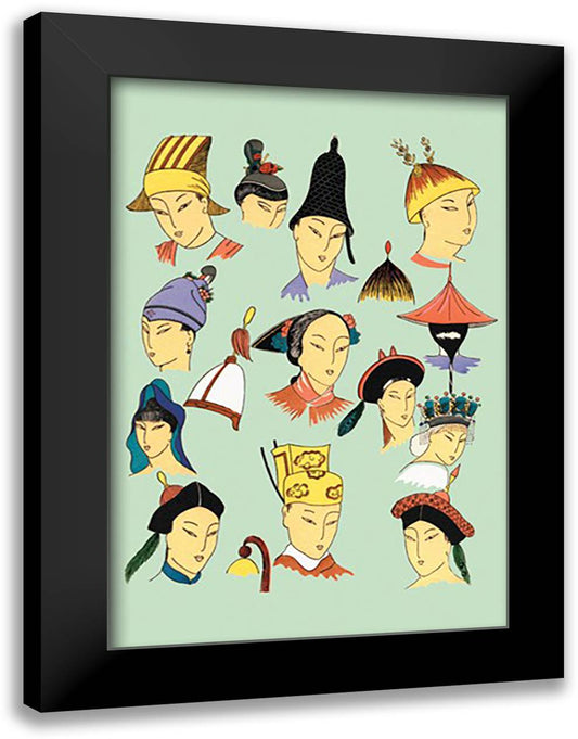 Feminine Chinese Hats 16x22 Black Modern Wood Framed Art Print Poster