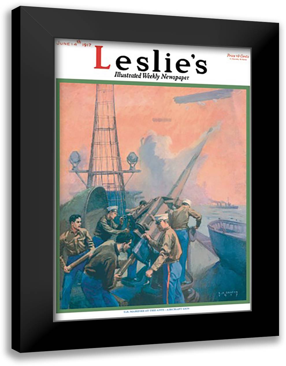 Leslie's: U.S. Marines at the Anti-Aircraft Gun 16x22 Black Modern Wood Framed Art Print Poster by Shafer, Sarah