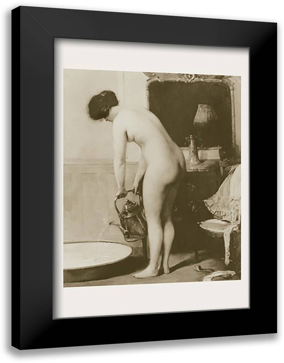 Pouring a Bath 16x22 Black Modern Wood Framed Art Print Poster by Sezille des Essarts, P.