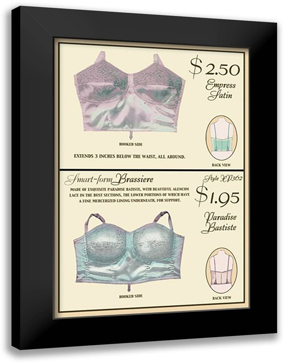 Empress Satin and Paradise Batiste Brassieres 16x22 Black Modern Wood Framed Art Print Poster