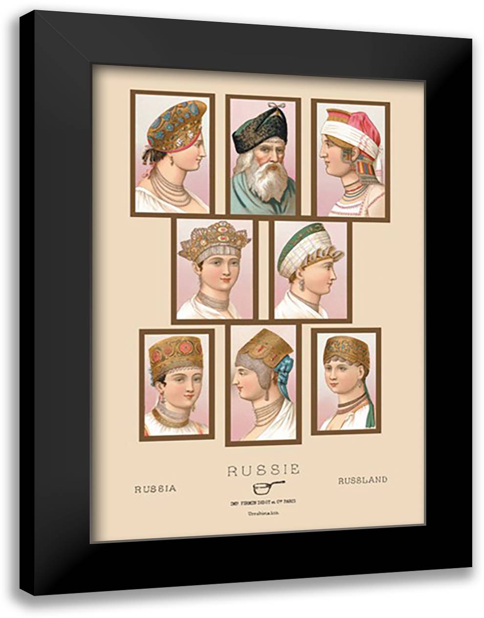 Russian Hats and Hairstyles #1 16x22 Black Modern Wood Framed Art Print Poster by Racinet, Auguste