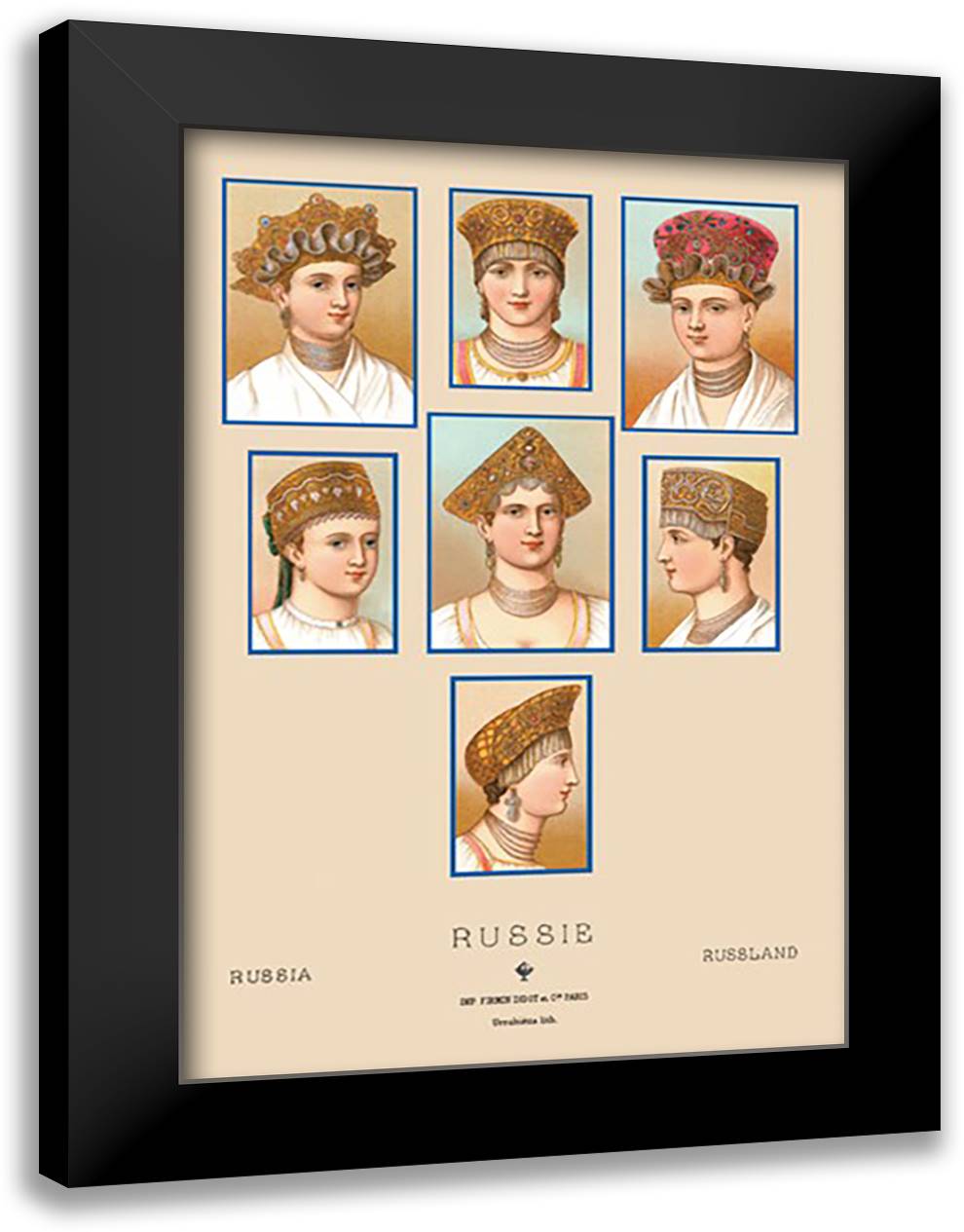 Russian Hats and Hairstyles #2 16x22 Black Modern Wood Framed Art Print Poster by Racinet, Auguste