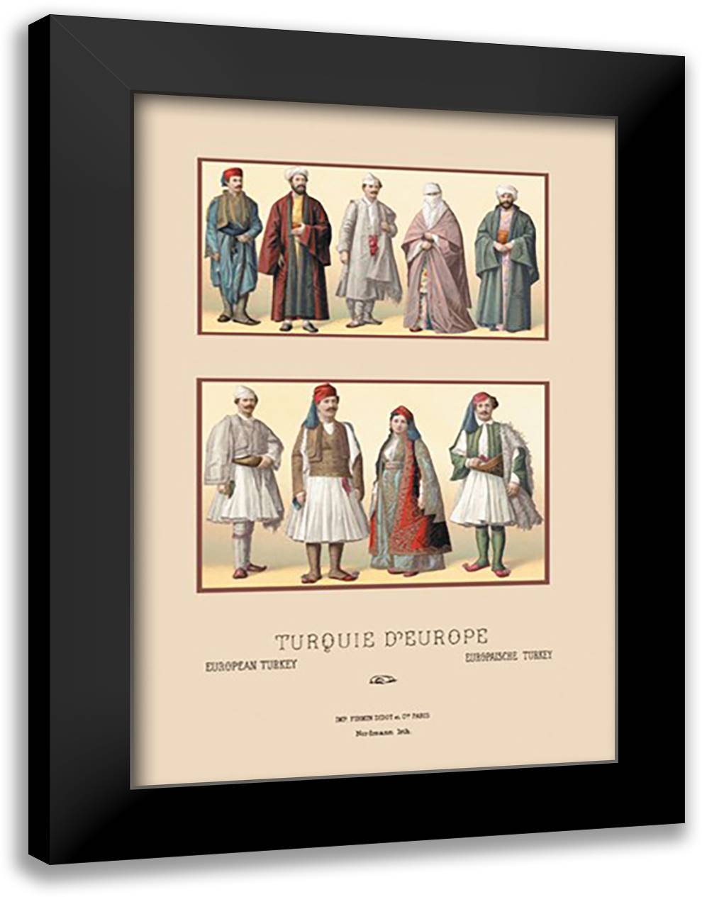 Assorted Fashions of European Turkey 16x22 Black Modern Wood Framed Art Print Poster by Racinet, Auguste