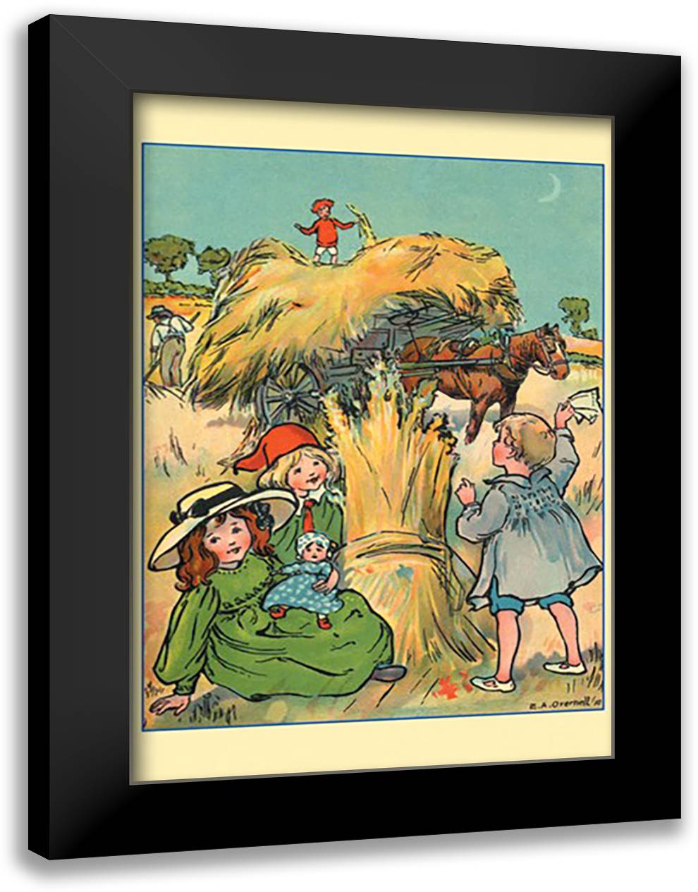 Kids in the Hay 16x22 Black Modern Wood Framed Art Print Poster by Overnell, E. A.