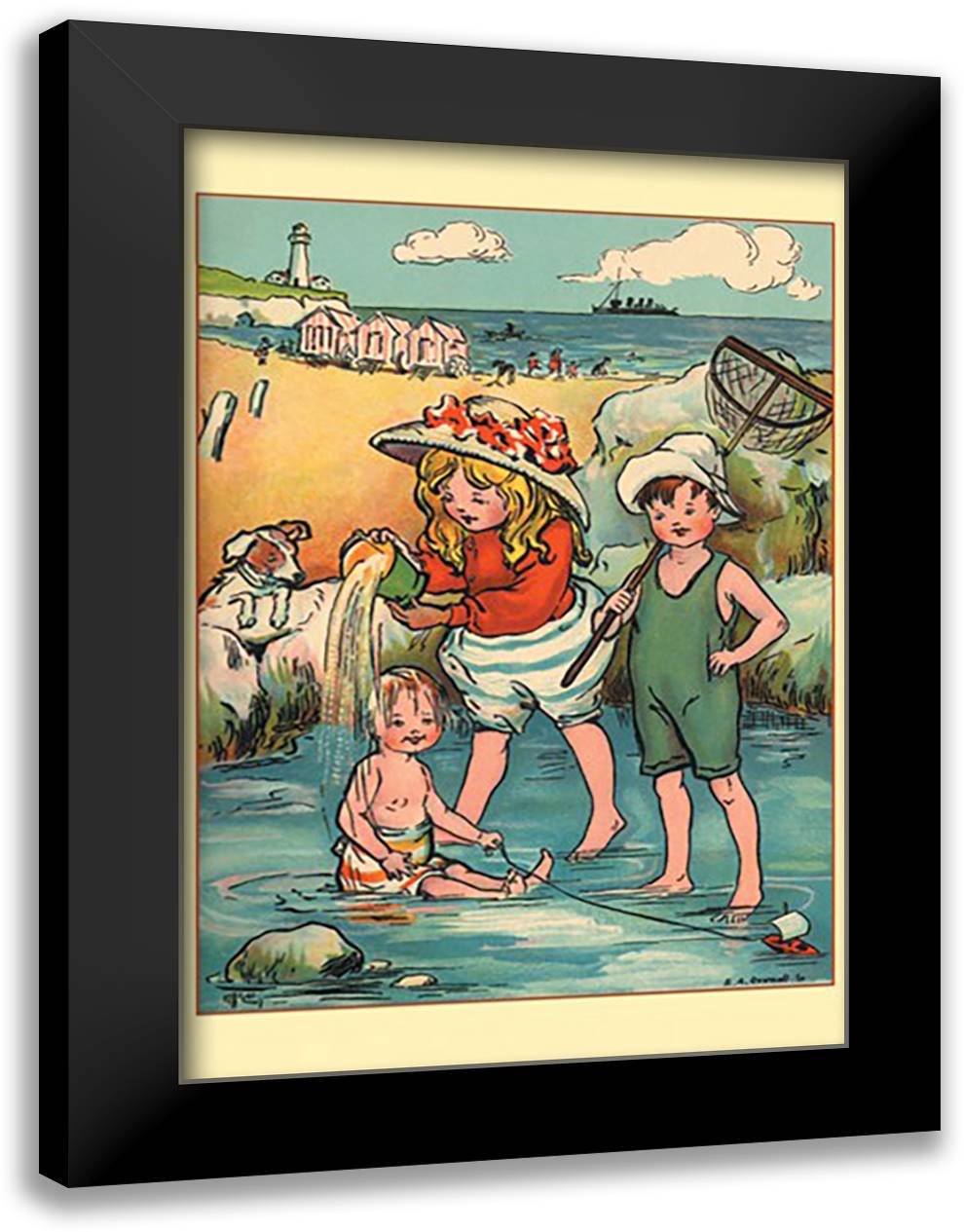 Sea Bathing 16x22 Black Modern Wood Framed Art Print Poster by Overnell, E. A.