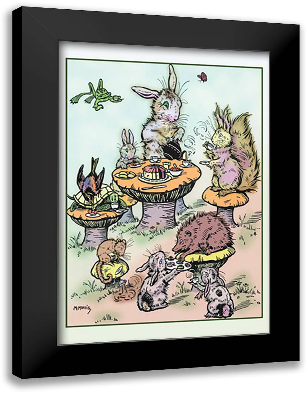 Bunnies' Tea Party 16x22 Black Modern Wood Framed Art Print Poster by Morris, Michael