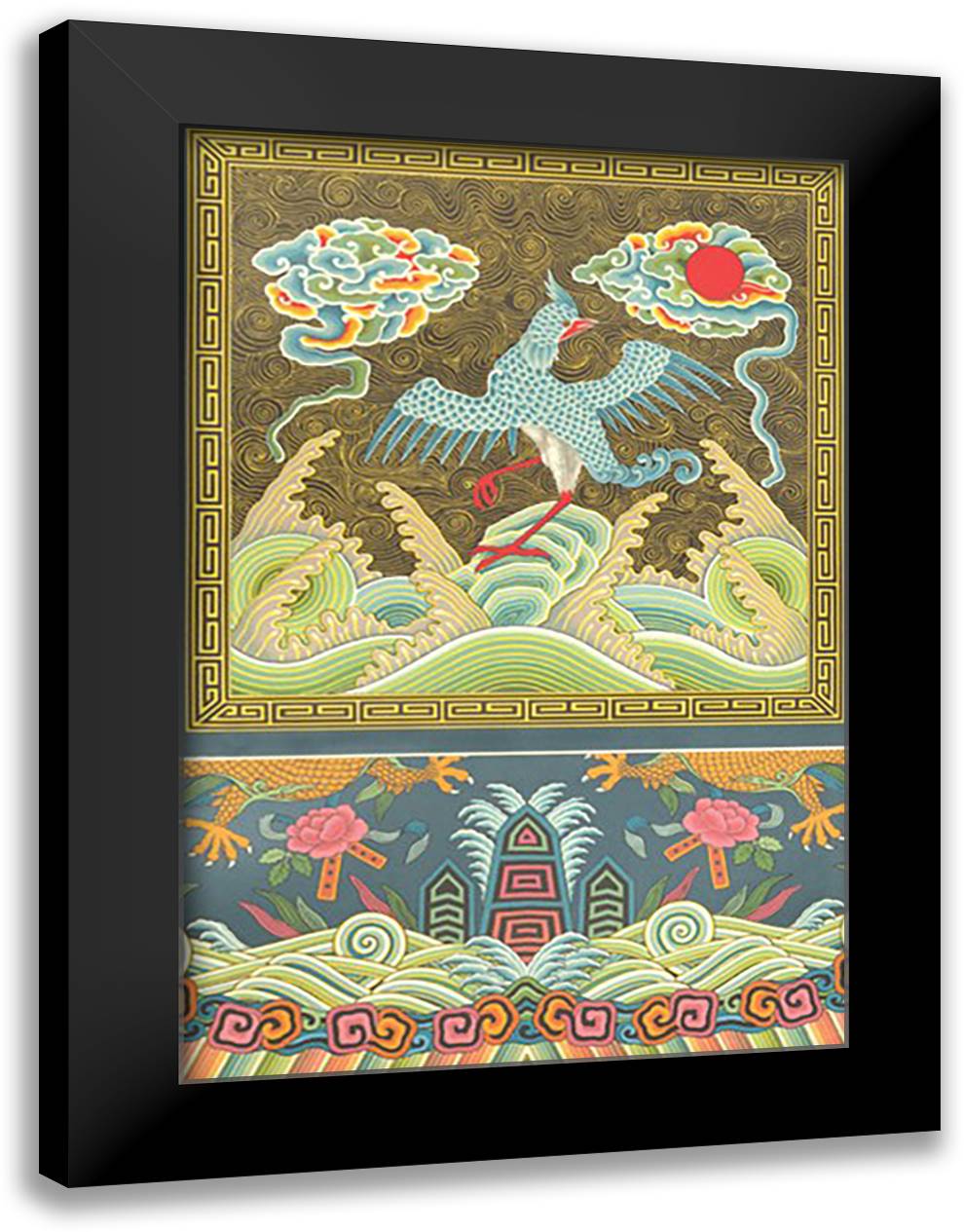 Chinese Bird Design 16x22 Black Modern Wood Framed Art Print Poster by Racinet, Auguste