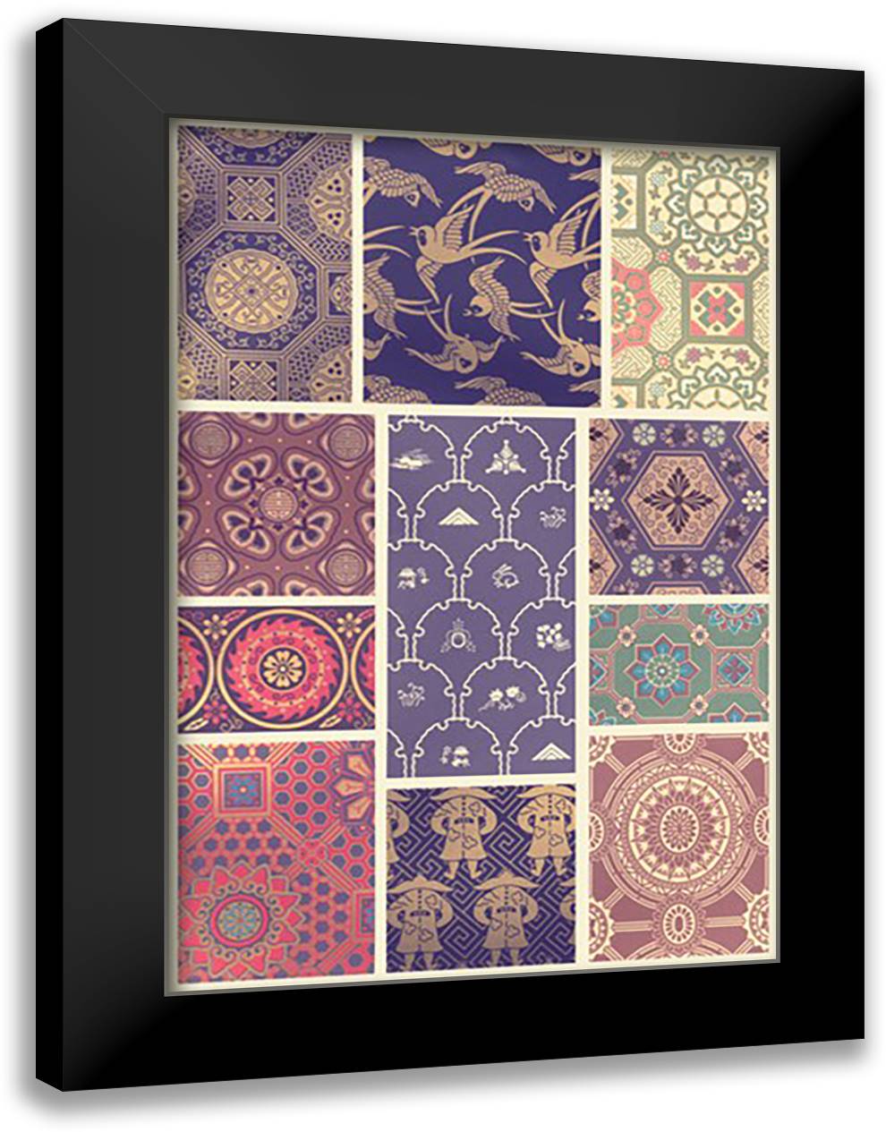 Japanese Patterns #3 16x22 Black Modern Wood Framed Art Print Poster by Racinet, Auguste