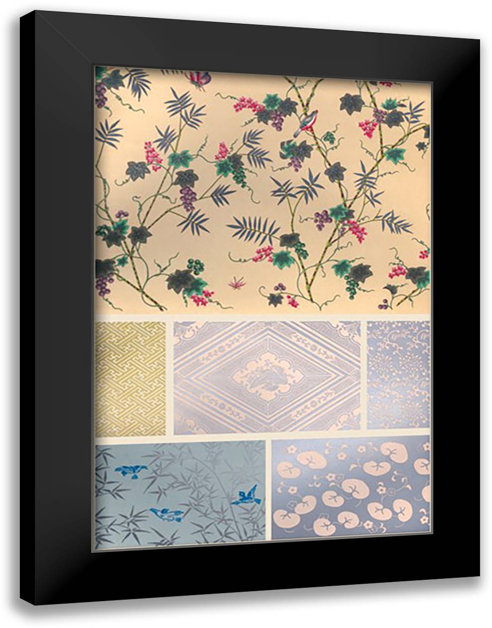 Japanese Patterns #4 16x22 Black Modern Wood Framed Art Print Poster by Racinet, Auguste